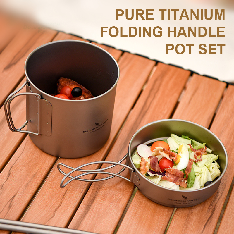 Camping Cooking Pots And Pans Set - Pure Titanium Folding Handle Pot Set,Ultra